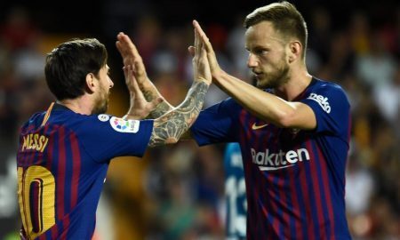 Messi e Ivan Rakitic do Barcelona