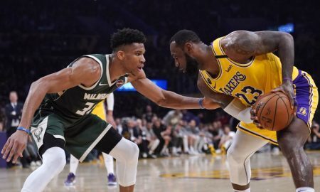 Giannis Antetokounmpo do Milwaukee Bucks e LeBron James do Los Angeles Lakers: astros da NBA