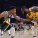 Giannis Antetokounmpo do Milwaukee Bucks e LeBron James do Los Angeles Lakers: astros da NBA