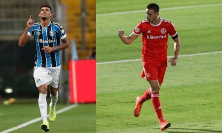 Rodrigues do Grêmio e Thiago Galhardo do Internacional
