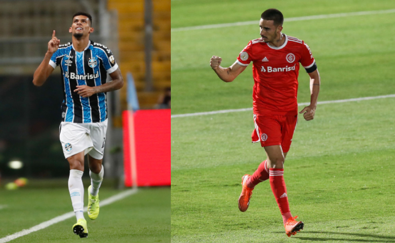 Rodrigues do Grêmio e Thiago Galhardo do Internacional