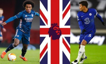 Willian do Arsenal e Thiago Silva do Chelsea na EPL