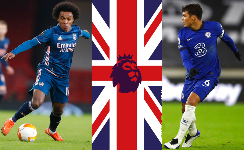 Willian do Arsenal e Thiago Silva do Chelsea na EPL