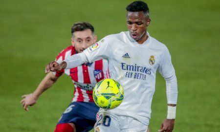 O brasileiro Vinícius Júnior, do Real Madrid, em partida contra o Atlético em La Liga 2020/2021