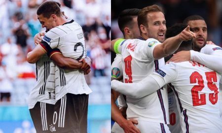 Alemanha e Inglaterra comemorando suas vitórias na fase de grupos na Eurocopa 2021
