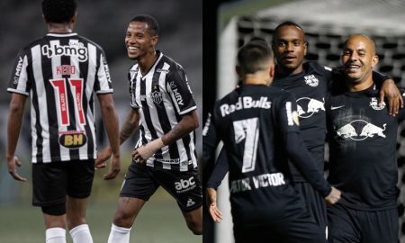 Jogadores de Atlético-MG e Bragantino festejam gols no Brasileirão 2021