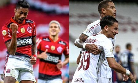 Atletas de Flamengo e Fluminense comemoram seus gols no Brasileirão 2021