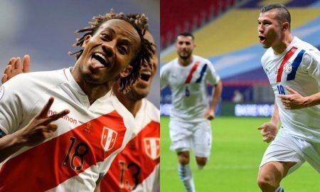 Os jogadores do Peru e do Paraguai comemoram gols na fase de grupos da Copa América 2021