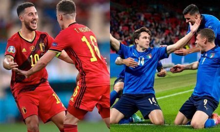 Bélgica e Itália em seus jogos das oitavas de final da Eurocopa 2021