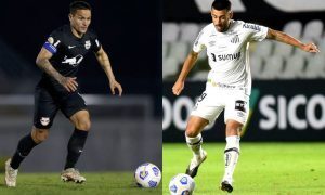 Artur, do Bragantino, e Camacho, do Santos, no Brasileirão 2021