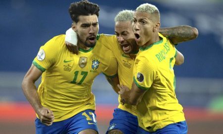 A comemoração de Paquetá, Neymar e Richarlison em Brasil 1 x 0 Chile pela Copa América 2021