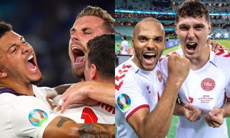 Seleções da Inglaterra e da Dinamarca comemoram a classificação para as semifinais da Eurocopa 2021