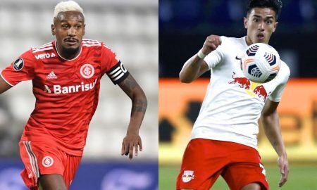 Edenílson, do Internacional, e Cuello, do Red Bull Bragantino, equipes da Série A do Brasileirão 2021