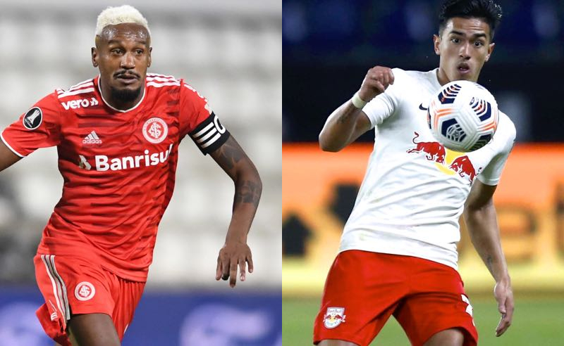 Edenílson, do Internacional, e Cuello, do Red Bull Bragantino, equipes da Série A do Brasileirão 2021