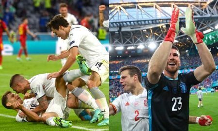 As seleções de Itália e Espanha comemoram a classificação às semifinais da Eurocopa 2021