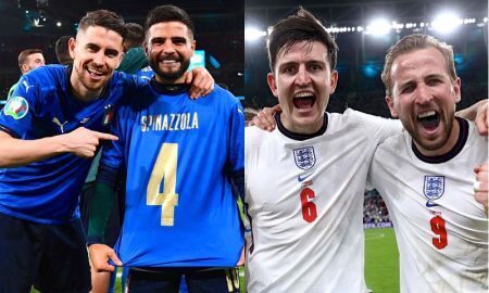 Jorginho e Insigne, da Itália, e Maguire e Kane, da Inglaterra, na Eurocopa 2021