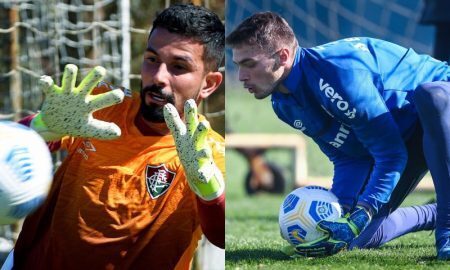 Os goleiros Marcos Felipe, do Fluminense, e Gabriel Chapecó, do Grêmio, treinam para a Copa do Brasil 2021