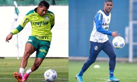 Rony, do Palmeiras, e Douglas Costa, do Grêmio, treinando para o duelo entre as equipes no Brasileirão 2021