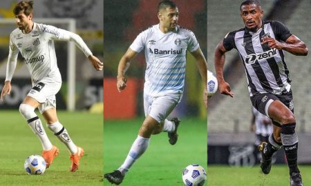 Luan Peres, do Santos, Diego Souza, do Grêmio, e Saulo Mineiro, do Ceará, no Brasileirão 2021