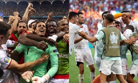 Suíça e Espanha comemorando a classificação às quartas de final da Eurocopa 2021