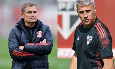 Os técnicos Diego Aguirre, do Internacional, e Hernán Crespo, do São Paulo, no Brasileirão 2021