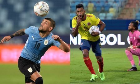 Arrascaeta, do Uruguai, e Borja, da Colômbia, na Copa América 2021