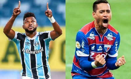 O atacante Borja, do Grêmio, e o lateral Yago Pikachu, do Fortaleza, no Brasileirão 2021