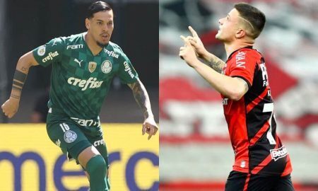 Gustavo Gómez, do Palmeiras, e Renato Kayzer, do Athletico-PR, que duelam no Brasileirão 2021