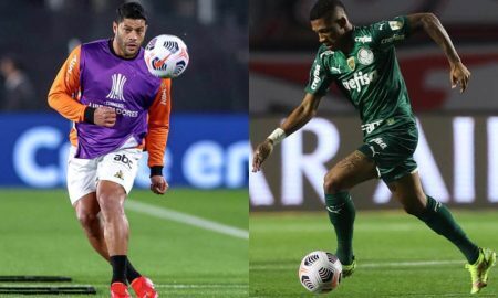 Hulk, do Atlético-MG, e Danilo, do Palmeiras, em ação na Libertadores 2021