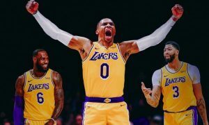 Montagem com LeBron James, Russell Westbrook e Anthony Davis, astros do Los Angeles Lakers na NBA