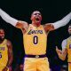 Montagem com LeBron James, Russell Westbrook e Anthony Davis, astros do Los Angeles Lakers na NBA