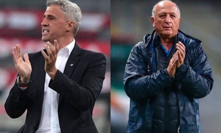 Os técnicos Hernán Crespo, do São Paulo, e Luiz Felipe Scolari, do Grêmio, no Brasileirão 2021