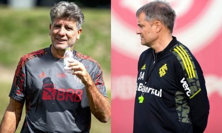 Os técnicos Renato Gaúcho (Flamengo) e Diego Aguirre (Internacional) nos treinos para o jogo do fim de semana pelo Brasileirão 2021