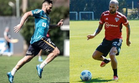 Os laterais Pará, do Santos, e Daniel Alves, do São Paulo, treinam para a rodada do Brasileirão 2021