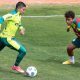 Dudu e Marcos Rocha em treino do Palmeiras antes do duelo com o Fortaleza no Brasileirão 2021