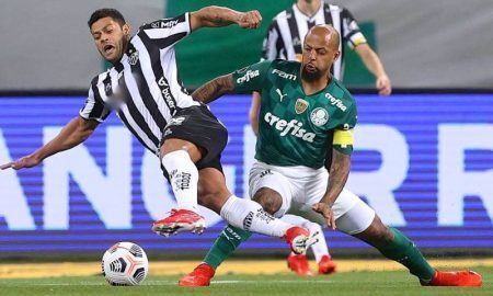 Hulk e Felipe Melo em Palmeiras x Atlético-MG nas semifinais da Libertadores 2021