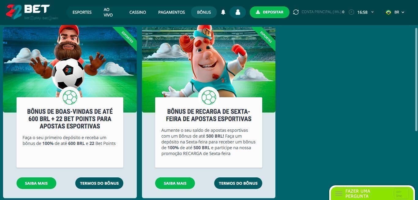 22bet Bônus de boas-vindas de 100% até R$600